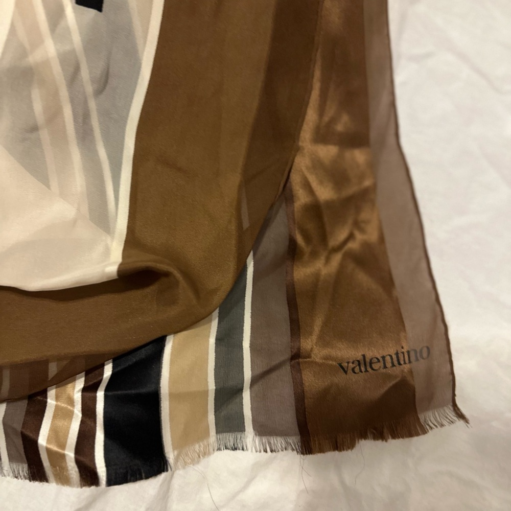 Valentino Brown, Black & Cream Striped Silk Scarf - Picture 2 of 9